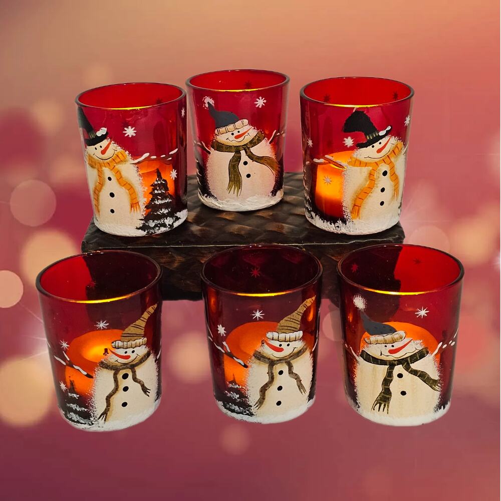 Christmas Snowman Candle Holders Set Of 6 Red Glass Vintage Cottagecore Decor